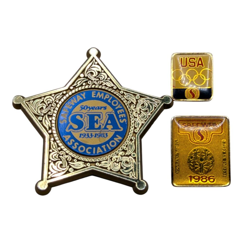 Vtg Safeway Grocery Employee Buttons Pins 1986 Special Olympics 50 Years Badge